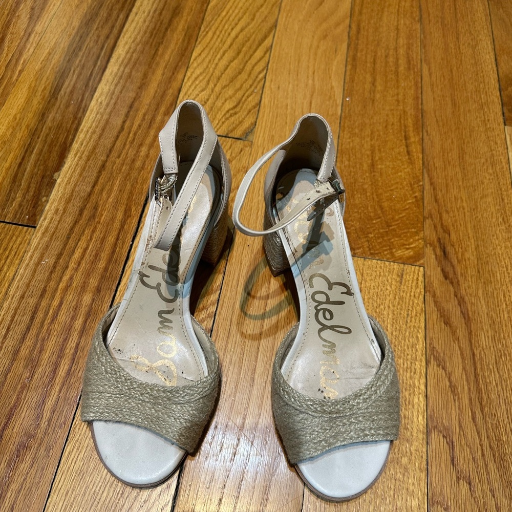 Sam Edelman Natural Beige Raffia Block Heel Sandals - Picture 3 of 10